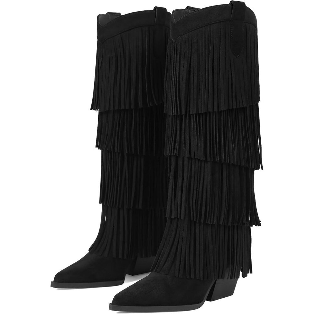 Women's Black Western Fringe Boots Knee High Cowboy Chunky Heel Pointed